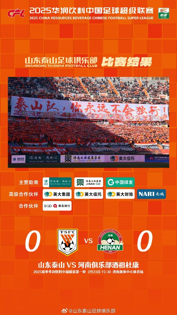 中超首戰(zhàn)，泰山隊(duì)雖未取勝，但全隊(duì)展現(xiàn)出了頑強(qiáng)的拼搏精神